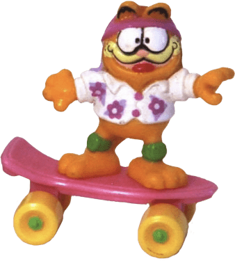 A small plastic Garfield on a pink skateboard. He is wearing sweatbands and a pink and white floral button-up shirt.