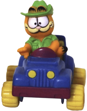 A small plastic Garfield driving a blue tractor. He is wearing a green farmer outfit with a cowboy hat.