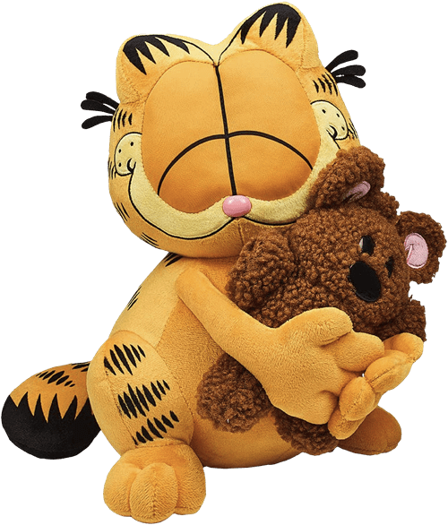 Garfield plush hugging a smaller, fluffier plush of his teddy bear Pookie. He is smiling with his eyes closed.