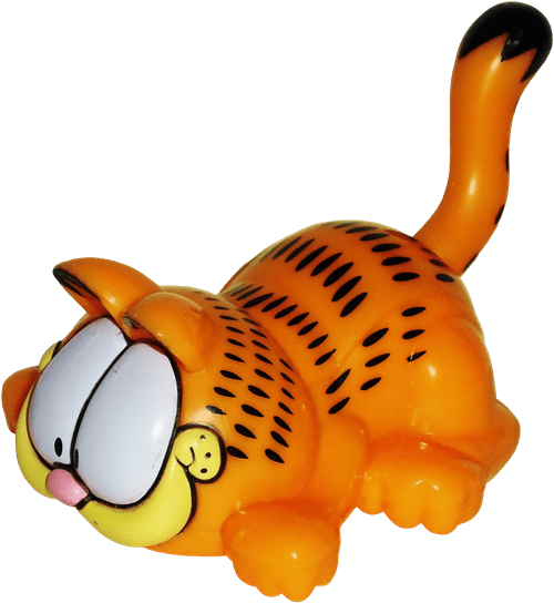 A small plastic Garfield crouching with his belly on the ground and his tail in the air.