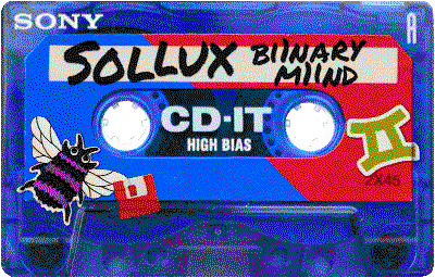 Dithered image of a Sollux cassette tape titled 'binary mind.' It is blue with a red and blue label divided diagonally down the middle. It has stickers of Sollux's Gemini symbol, a purple bee, and a red floppy disk.