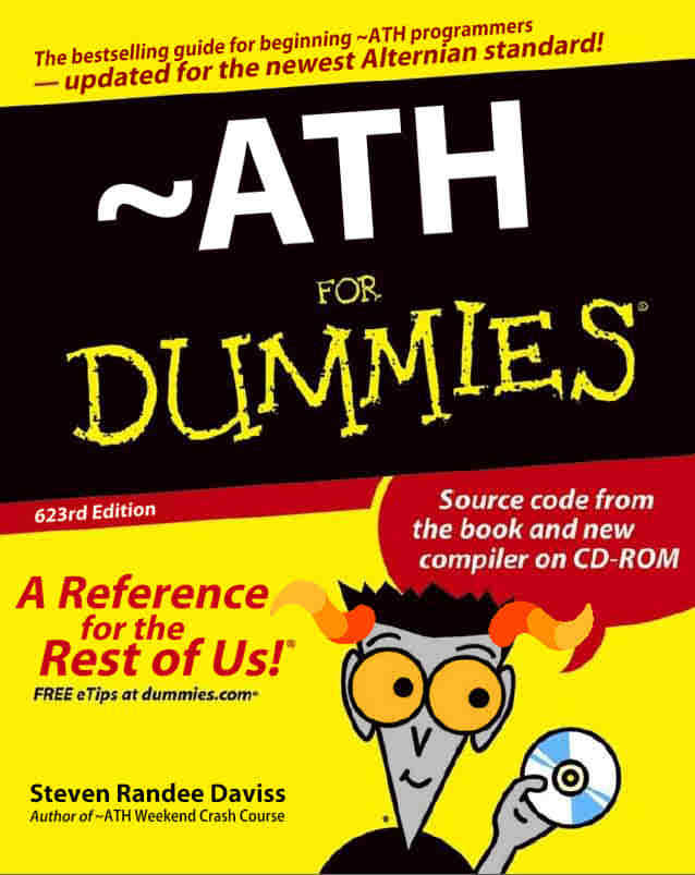 a 'for dummies' book cover edited to be about the ~ATH programming language. the for dummies mascot man has been edited to look like a homestuck troll